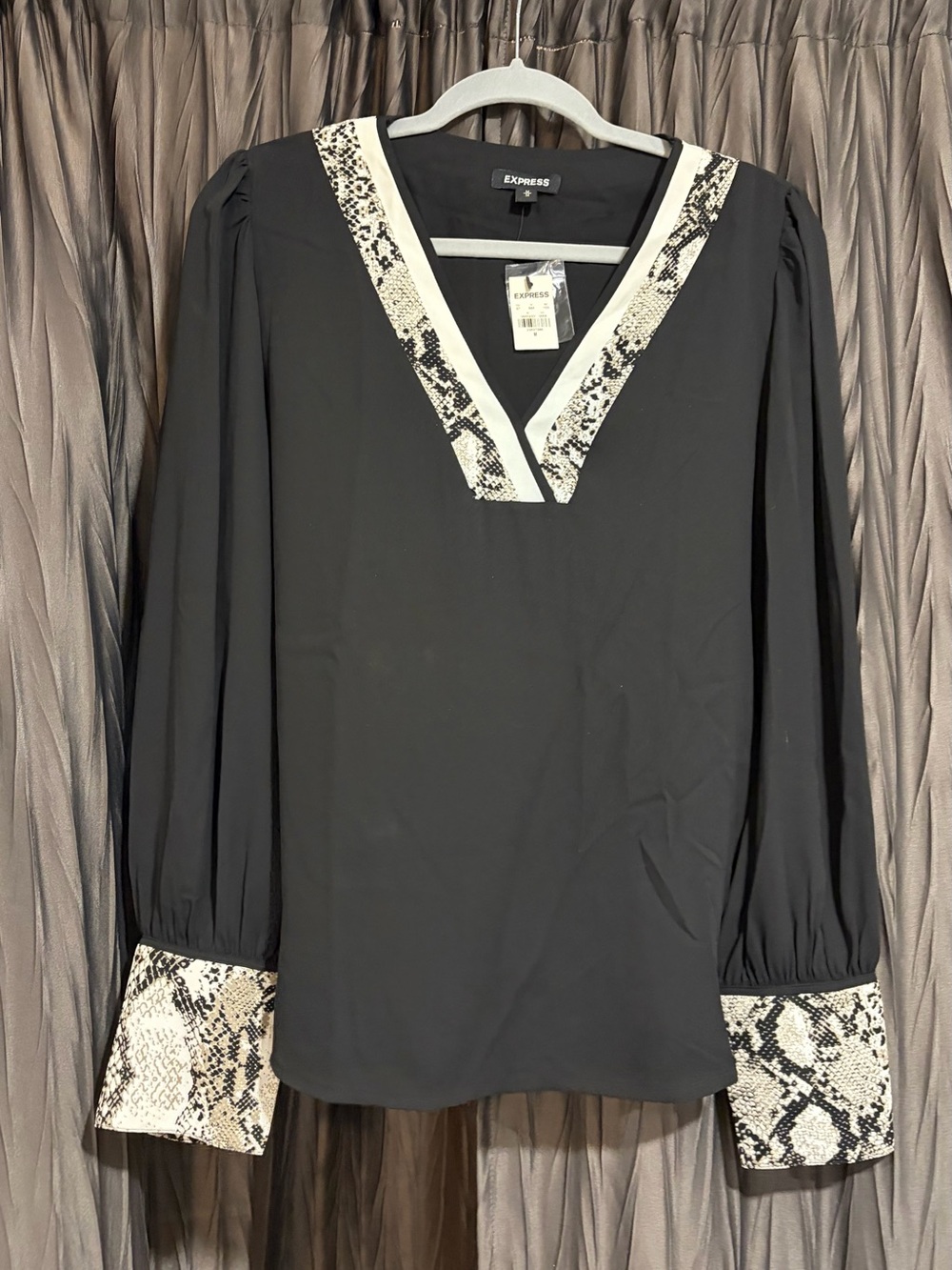 Express Black Blouse with Snake-Print Trim - NEW! Size Medium